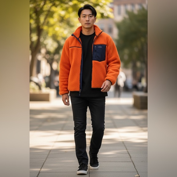 NWT AMBUSH logo-print fleece Sherpa jacket in Orange & Navy Size S - Picture 3 of 16